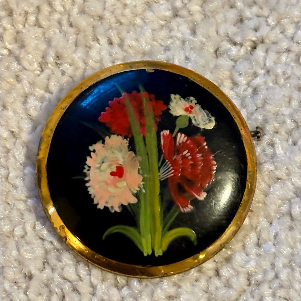 Antique Hand painted brass brooch
